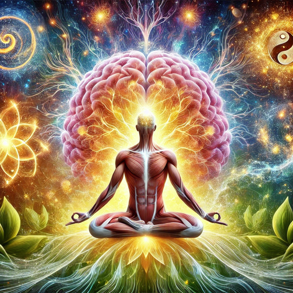 IKIGAI: Il viaggio alla ricerca del Benessere DALL·E 2024 11 26 13.04.32 An artistic representation of the power of health in mind body and spirit. The image features a luminous human figure in a yoga pose at the center -