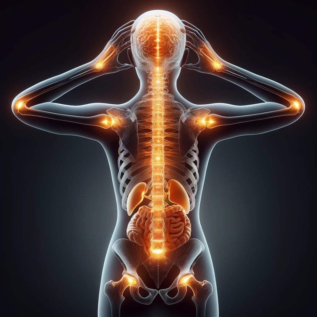 Infiammazione: un fenomeno complesso e centrale per la salute DALL·E 2025 02 10 12.39.45 An abstract and stylized representation of a neutral slightly more overweight human like figure without gender specific features with a glowing ora -