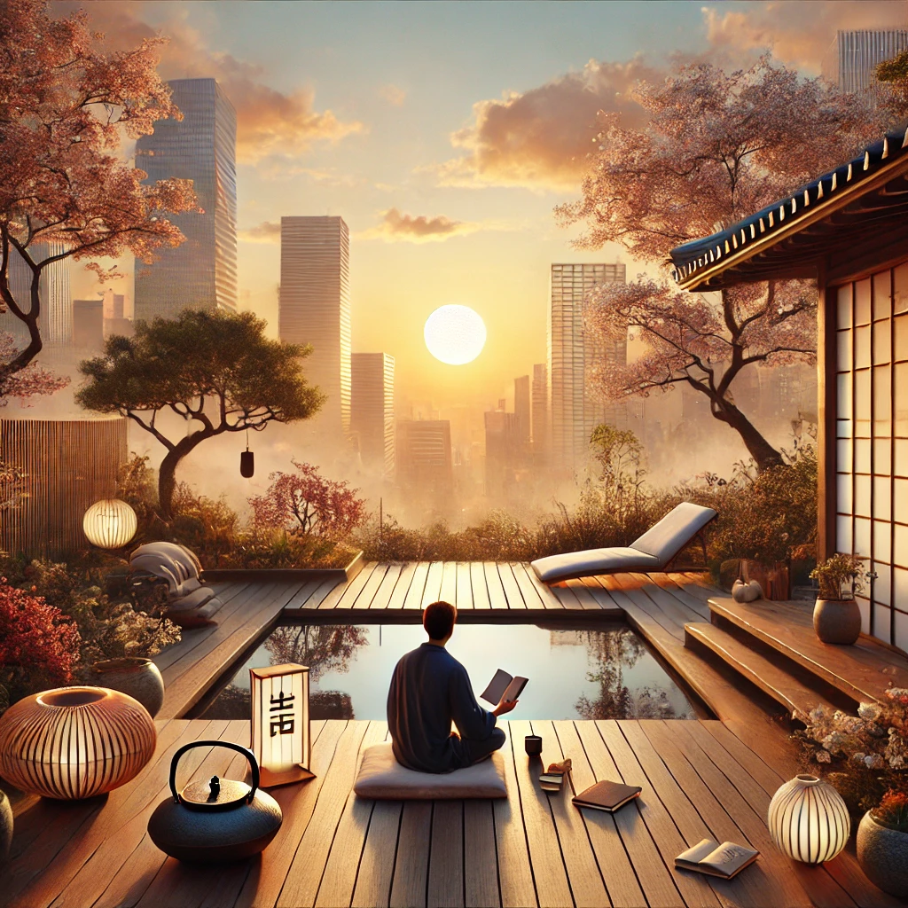 DALL·E 2025 02 28 08.34.49 A serene and inspiring modern interpretation of Ikigai. A person sits on a wooden deck in a peaceful Japanese inspired rooftop garden overlooking a s -