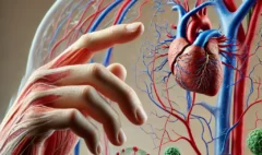 DALL·E 2025-02-03 19.26.11 - A realistic illustration of a human hand touching the fascial, circulatory, and lymphatic systems. The fascial system is depicted as a translucent, fi