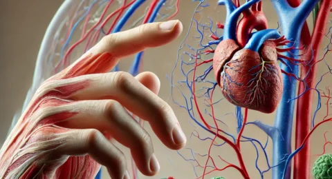 DALL·E 2025-02-03 19.26.11 - A realistic illustration of a human hand touching the fascial, circulatory, and lymphatic systems. The fascial system is depicted as a translucent, fi