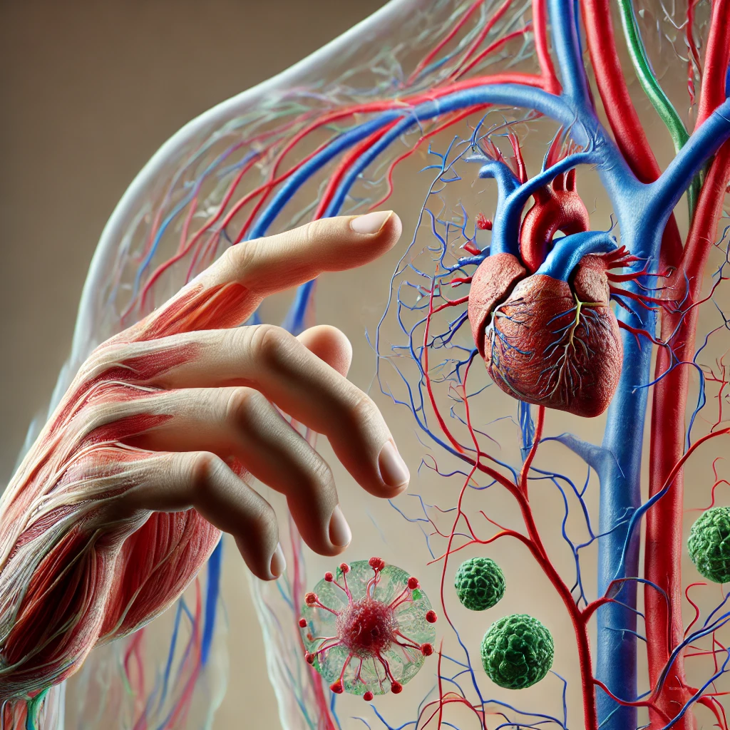 Osteopatia e fluidi: un aiuto per la salute circolatoria e linfatica DALL·E 2025 02 03 19.26.11 A realistic illustration of a human hand touching the fascial circulatory and lymphatic systems. The fascial system is depicted as a translucent fi -