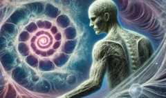 DALL·E 2025-02-18 10.43.14 - A surreal artistic representation of the osteopathic concept of fascia as a 'spacetime continuum' within the body. The image shows a huma