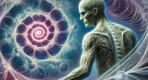 DALL·E 2025-02-18 10.43.14 - A surreal artistic representation of the osteopathic concept of fascia as a 'spacetime continuum' within the body. The image shows a huma
