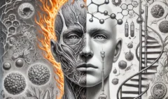 DALL·E 2025-02-25 10.36.55 - A surreal pencil sketch of a human face, split into two contrasting sides. One half is engulfed in fiery flames, symbolizing sudden acute inflammation