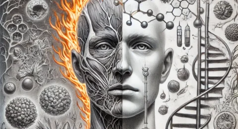 DALL·E 2025-02-25 10.36.55 - A surreal pencil sketch of a human face, split into two contrasting sides. One half is engulfed in fiery flames, symbolizing sudden acute inflammation