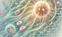 DALL·E 2025-04-18 16.52.53 - A scientific watercolor-style illustration showing the concept of immunity. Cytokines are visualized as luminous brushstrokes moving rapidly through s