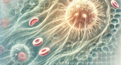 DALL·E 2025-04-18 16.52.53 - A scientific watercolor-style illustration showing the concept of immunity. Cytokines are visualized as luminous brushstrokes moving rapidly through s