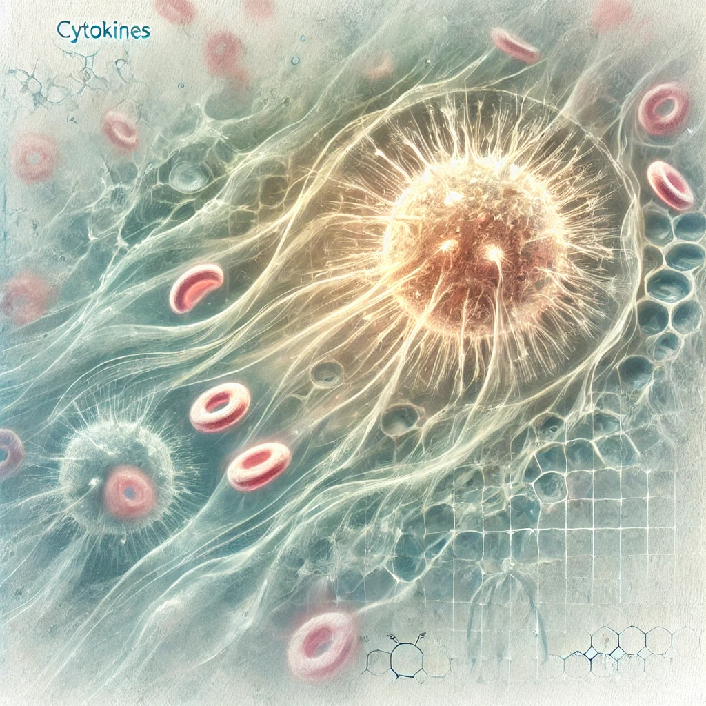 “I volti dell’immunità: dall’assalto lampo delle citochine ai sotterranei meccanismi di basso grado” DALL·E 2025 04 18 16.52.53 A scientific watercolor style illustration showing the concept of immunity. Cytokines are visualized as luminous brushstrokes moving rapidly through s -