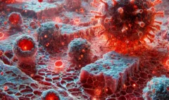 DALL·E 2025-04-18 17.17.45 - Microscopic view of chronically inflamed tissue, showing immune cells such as macrophages and lymphocytes releasing inflammatory cytokines represented