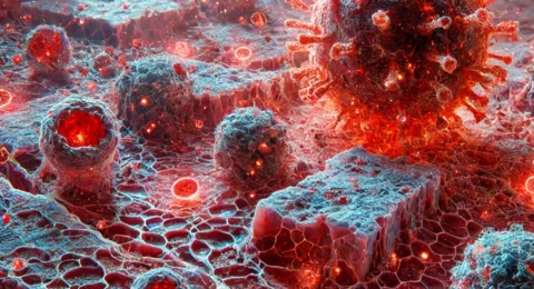 DALL·E 2025-04-18 17.17.45 - Microscopic view of chronically inflamed tissue, showing immune cells such as macrophages and lymphocytes releasing inflammatory cytokines represented