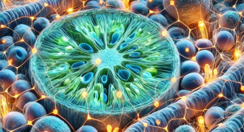 DALL·E 2025-04-18 17.18.04 - Detailed biological representation of cellular metabolism within connective tissue. The image shows active mitochondria glowing with energy production