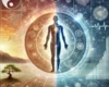 DALL·E 2025-04-18 17.49.06 - A symbolic and harmonious image of a stylized human figure at the center. The left half of the body is depicted in traditional Eastern style, showing