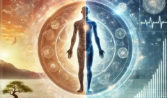 DALL·E 2025-04-18 17.49.06 - A symbolic and harmonious image of a stylized human figure at the center. The left half of the body is depicted in traditional Eastern style, showing