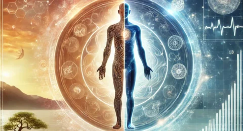 DALL·E 2025-04-18 17.49.06 - A symbolic and harmonious image of a stylized human figure at the center. The left half of the body is depicted in traditional Eastern style, showing