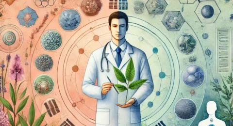 DALL·E 2025-04-18 17.54.54 - A harmonious watercolor illustration representing an integrative approach to health. At the center, a doctor blending modern and traditional styles, h