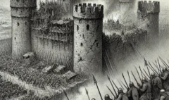 DALL·E 2025-02-17 10.22.50 - A detailed pencil sketch of a prolonged medieval siege, emphasizing the slow, exhausting destruction. The fortress is visibly crumbling, with cracks i