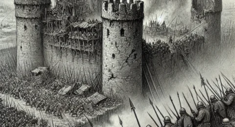 DALL·E 2025-02-17 10.22.50 - A detailed pencil sketch of a prolonged medieval siege, emphasizing the slow, exhausting destruction. The fortress is visibly crumbling, with cracks i
