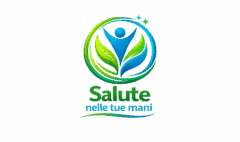 Logo “Salute nelle tue mani” con figura stilizzata blu tra foglie verdi e cerchio verde-azzurro