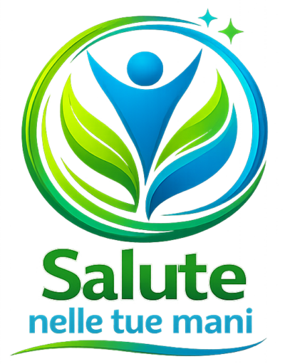 Logo “Salute nelle tue mani” con figura stilizzata blu tra foglie verdi e cerchio verde-azzurro