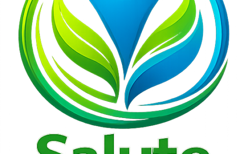 Logo “Salute nelle tue mani” con figura stilizzata blu tra foglie verdi e cerchio verde-azzurro