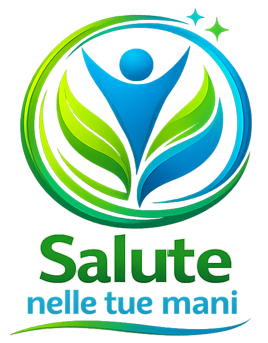 Logo “Salute nelle tue mani” con figura stilizzata blu tra foglie verdi e cerchio verde-azzurro