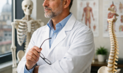 Osteopata contemplativo in studio professionale