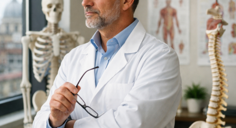 Osteopata contemplativo in studio professionale