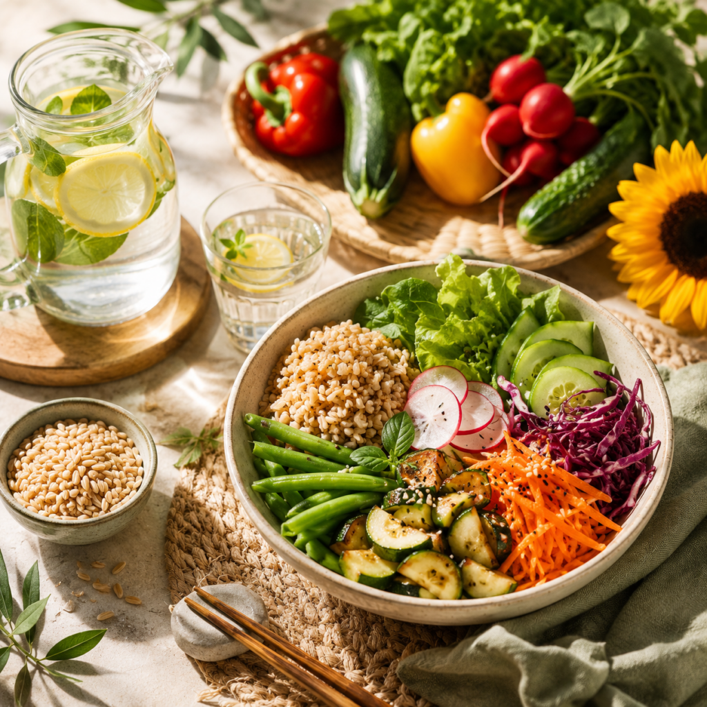 Estate e saggezza macrobiotica Alimentazione macrobiotica estate con cereali integrali, verdure fresche e acqua aromatizzata naturale