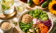 Alimentazione macrobiotica estate con cereali integrali, verdure fresche e acqua aromatizzata naturale