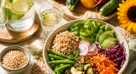 Alimentazione macrobiotica estate con cereali integrali, verdure fresche e acqua aromatizzata naturale
