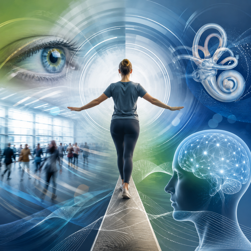 Quando la visione provoca vertigine Dizziness visivamente indotta con equilibrio, visione e sistema vestibolare in scena medicale astratta
