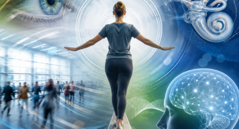 Dizziness visivamente indotta con equilibrio, visione e sistema vestibolare in scena medicale astratta