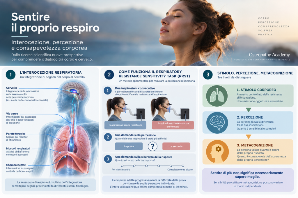 Sentire il proprio respiro: interocezione, percezione e consapevolezza corporea Infografica sull’interocezione respiratoria con rappresentazione anatomica di cervello, vie aeree, polmoni e diaframma, schema del Respiratory Resistance Sensitivity Task e distinzione tra stimolo corporeo, percezione e metacognizione.