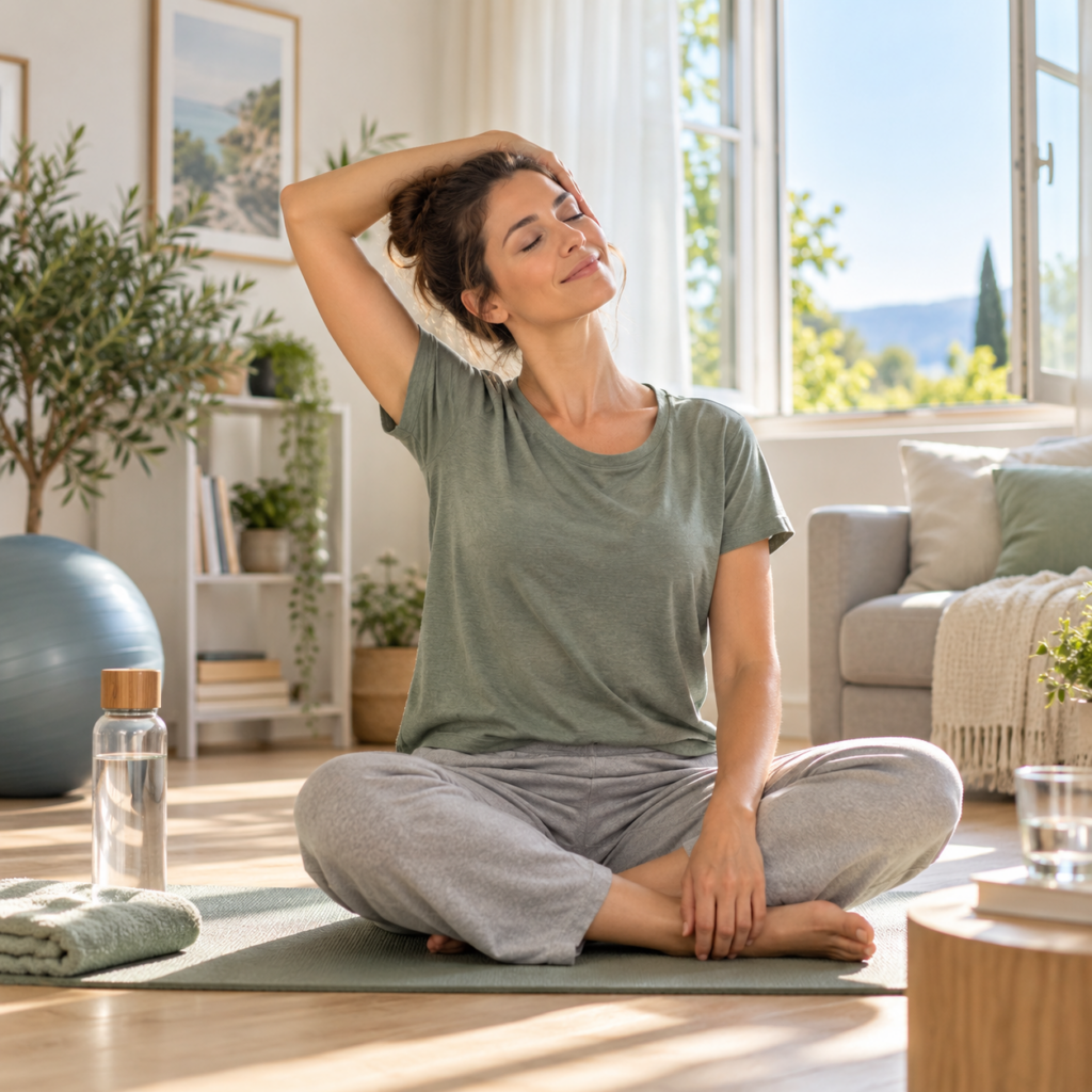 Recuperare dopo il caldo con stretching dolce, idratazione e benessere muscolare dopo l’estate