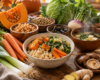 Alimentazione macrobiotica in autunno con riso integrale, zucca, verdure di stagione, legumi e zuppa di miso. **Titolo:** Alimentazione macrobiotica in autunno: i cibi di ottobre **Didascalia:** Cibi di stagione per accompagnare il corpo verso l’autunno secondo i principi della macrobiotica. **Descrizione:** Tavola autunnale con riso integrale, zucca, verdure di stagione, legumi, funghi shiitake, zenzero e zuppa di miso, alimenti protagonisti dell’alimentazione macrobiotica nel mese di ottobre. **Nome file:** alimentazione-macrobiotica-autunno-featured.jpg