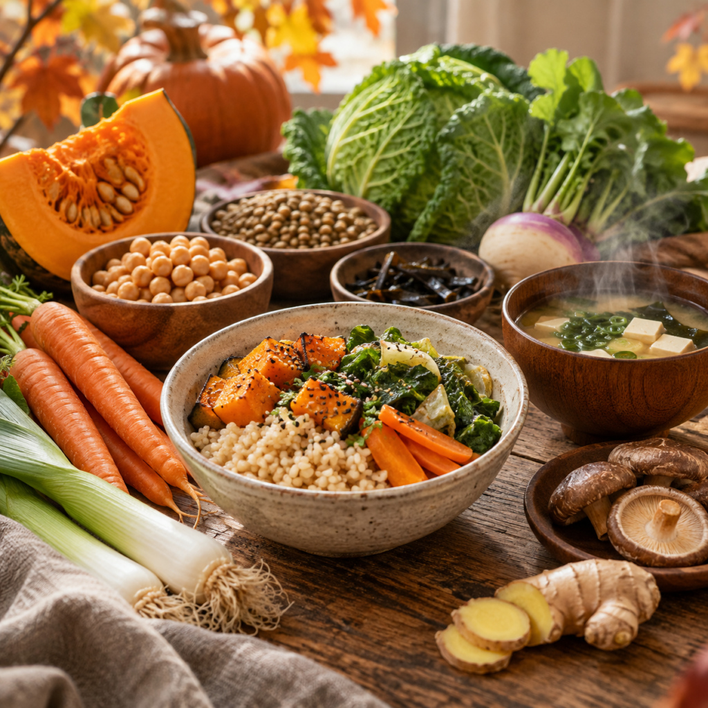 L’alimentazione a ottobre: accompagnare il corpo verso l’autunno Alimentazione macrobiotica in autunno con riso integrale, zucca, verdure di stagione, legumi e zuppa di miso. **Titolo:** Alimentazione macrobiotica in autunno: i cibi di ottobre **Didascalia:** Cibi di stagione per accompagnare il corpo verso l’autunno secondo i principi della macrobiotica. **Descrizione:** Tavola autunnale con riso integrale, zucca, verdure di stagione, legumi, funghi shiitake, zenzero e zuppa di miso, alimenti protagonisti dell’alimentazione macrobiotica nel mese di ottobre. **Nome file:** alimentazione-macrobiotica-autunno-featured.jpg