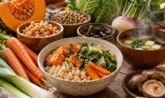 Alimentazione macrobiotica in autunno con riso integrale, zucca, verdure di stagione, legumi e zuppa di miso. **Titolo:** Alimentazione macrobiotica in autunno: i cibi di ottobre **Didascalia:** Cibi di stagione per accompagnare il corpo verso l’autunno secondo i principi della macrobiotica. **Descrizione:** Tavola autunnale con riso integrale, zucca, verdure di stagione, legumi, funghi shiitake, zenzero e zuppa di miso, alimenti protagonisti dell’alimentazione macrobiotica nel mese di ottobre. **Nome file:** alimentazione-macrobiotica-autunno-featured.jpg