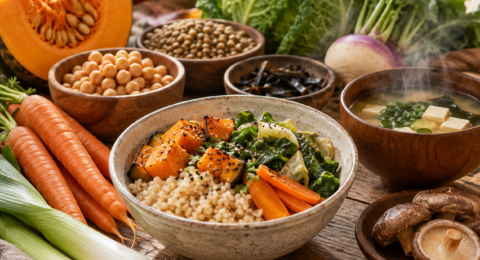 Alimentazione macrobiotica in autunno con riso integrale, zucca, verdure di stagione, legumi e zuppa di miso. **Titolo:** Alimentazione macrobiotica in autunno: i cibi di ottobre **Didascalia:** Cibi di stagione per accompagnare il corpo verso l’autunno secondo i principi della macrobiotica. **Descrizione:** Tavola autunnale con riso integrale, zucca, verdure di stagione, legumi, funghi shiitake, zenzero e zuppa di miso, alimenti protagonisti dell’alimentazione macrobiotica nel mese di ottobre. **Nome file:** alimentazione-macrobiotica-autunno-featured.jpg