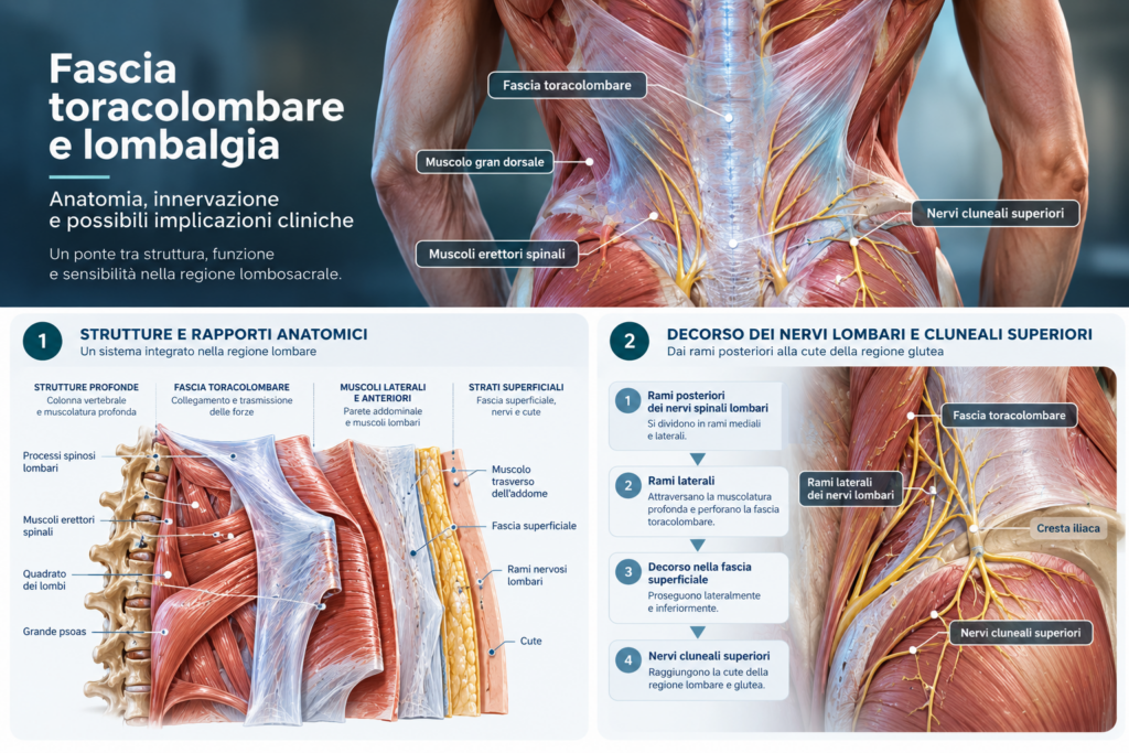 Fascia toracolombare e lombalgia: anatomia, innervazione e possibili implicazioni cliniche Infografica anatomica della fascia toracolombare con muscoli lombari, rami dei nervi spinali e nervi cluneali superiori, in relazione alla lombalgia.