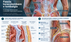 Infografica anatomica della fascia toracolombare con muscoli lombari, rami dei nervi spinali e nervi cluneali superiori, in relazione alla lombalgia.