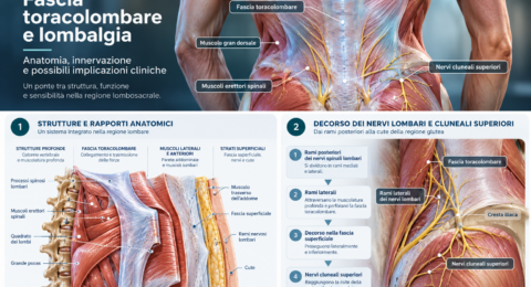 Infografica anatomica della fascia toracolombare con muscoli lombari, rami dei nervi spinali e nervi cluneali superiori, in relazione alla lombalgia.