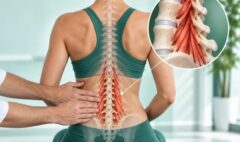 Persona seduta vista di schiena con rappresentazione anatomica della colonna lombosacrale e della muscolatura paravertebrale.