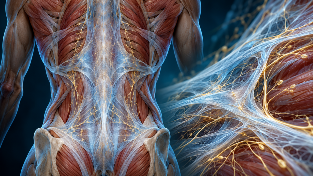 L'innervazione della fascia: cosa ci dice la ricerca sul suo ruolo nella propriocezione e nel dolore Illustrazione anatomica della fascia toracolombare con rappresentazione delle fibre nervose e delle terminazioni sensoriali.