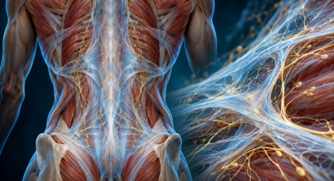 Illustrazione anatomica della fascia toracolombare con rappresentazione delle fibre nervose e delle terminazioni sensoriali.
